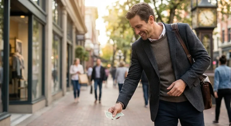 A smiling man in a blazer hands out a dollar bill on a busy city sidewalk.