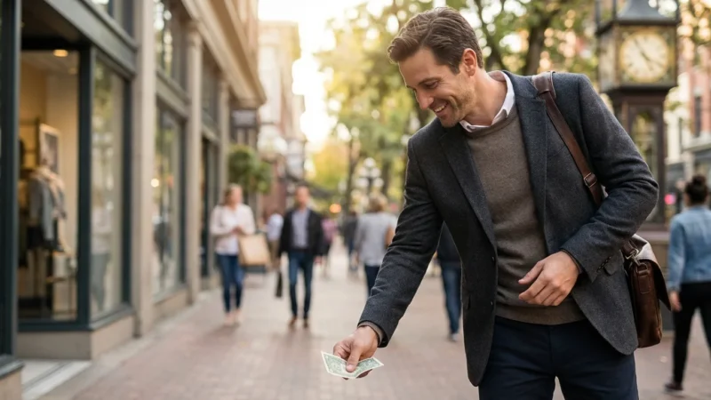 A smiling man in a blazer hands out a dollar bill on a busy city sidewalk.