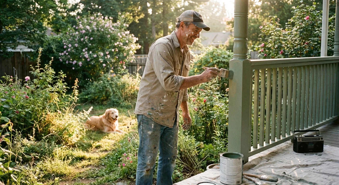 A man painting a porch railing in the sun.