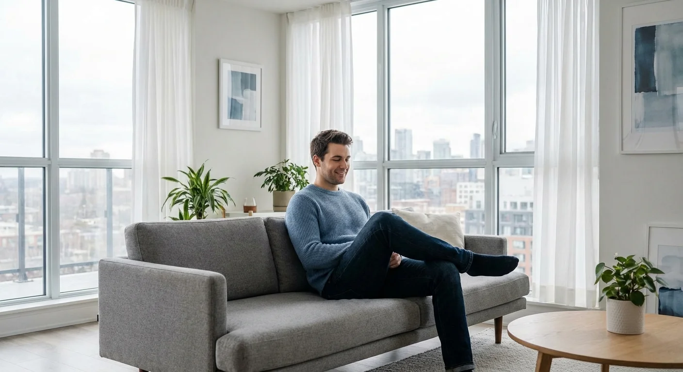 A young man looking relaxed in a modern, minimalist studio apartment.