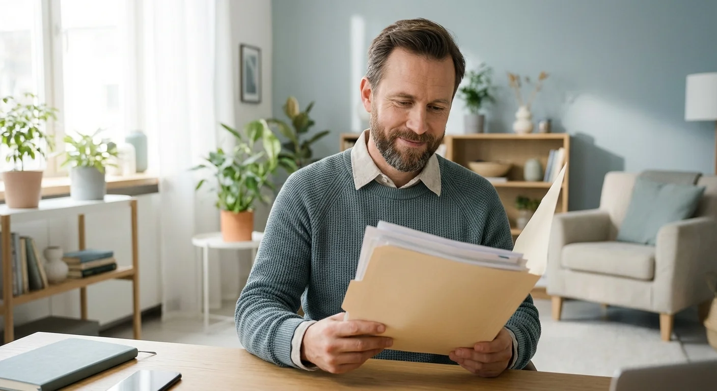 A man calmly reviewing documents in a well-lit home office.