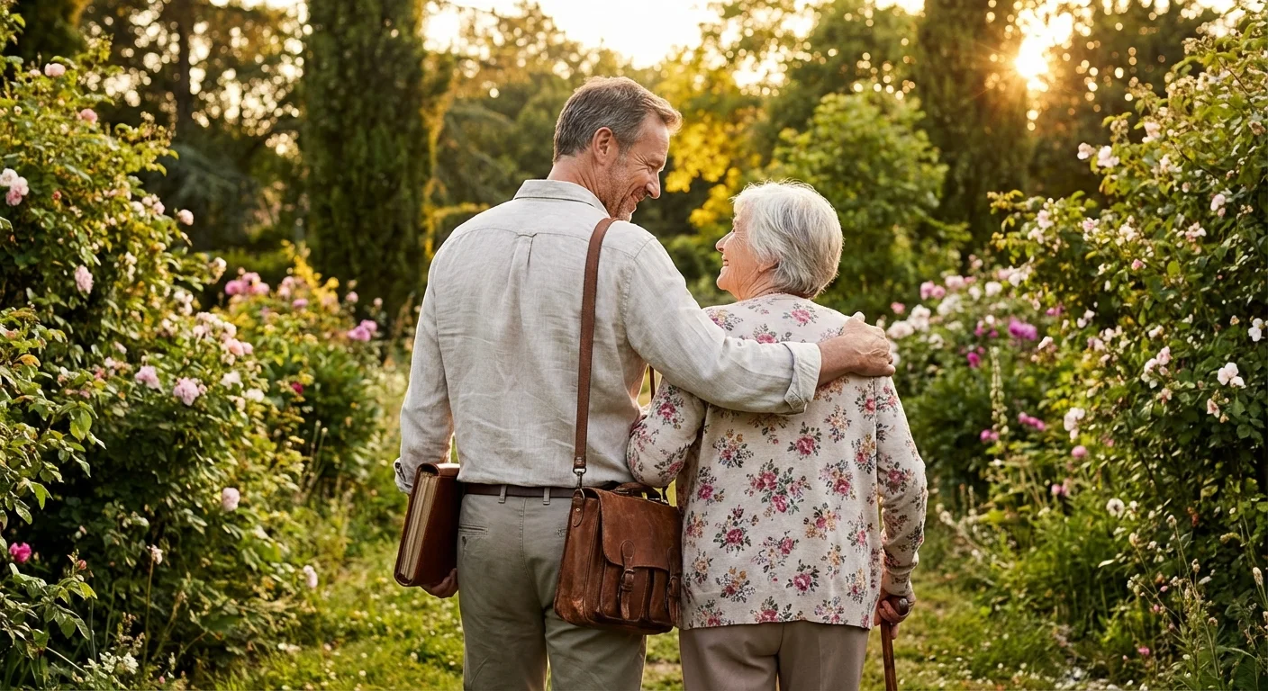 An adult son and elderly mother walking together in a sunlit garden.