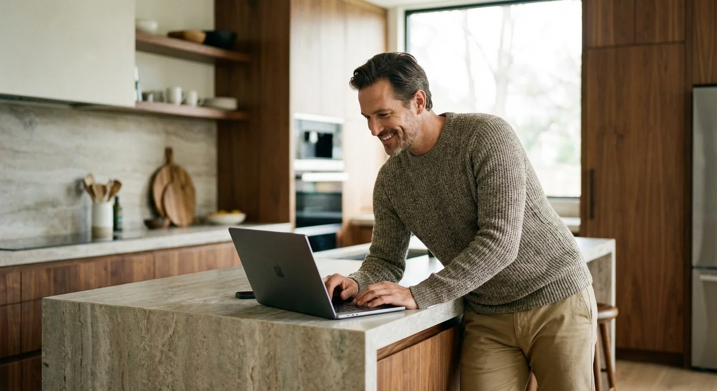 A man smiling while looking at his laptop in a modern kitchen.