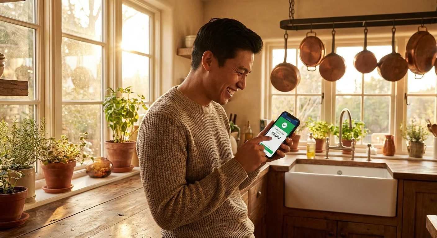 A person smiling at their phone, celebrating moving money into their savings account.