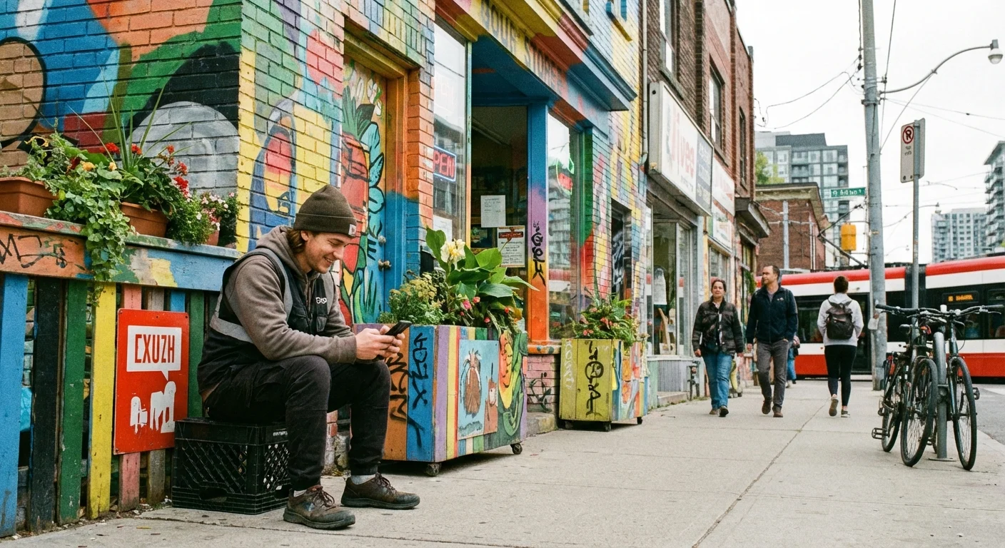 A young delivery worker taking a break in an urban setting.