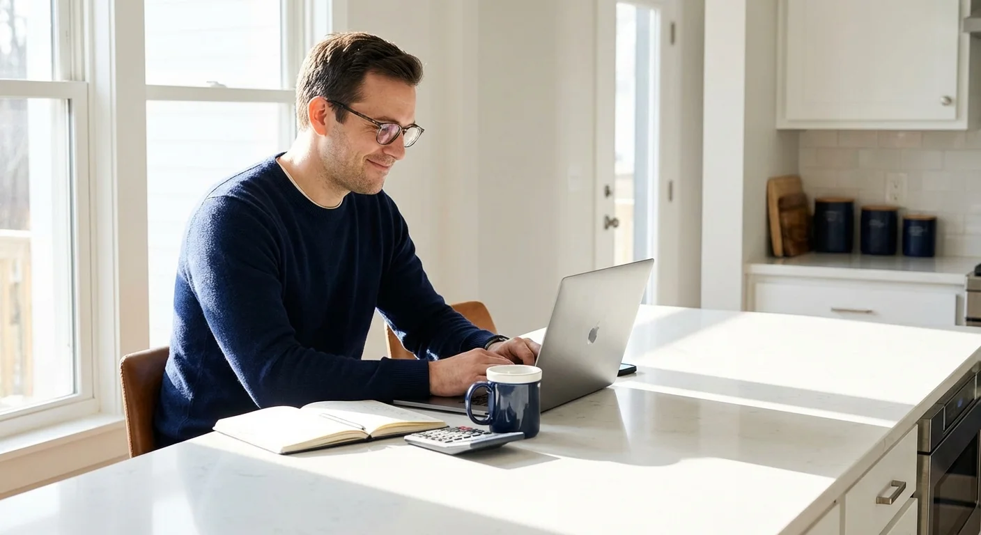 A man looking relieved while reviewing financial figures on a laptop in a bright kitchen.
