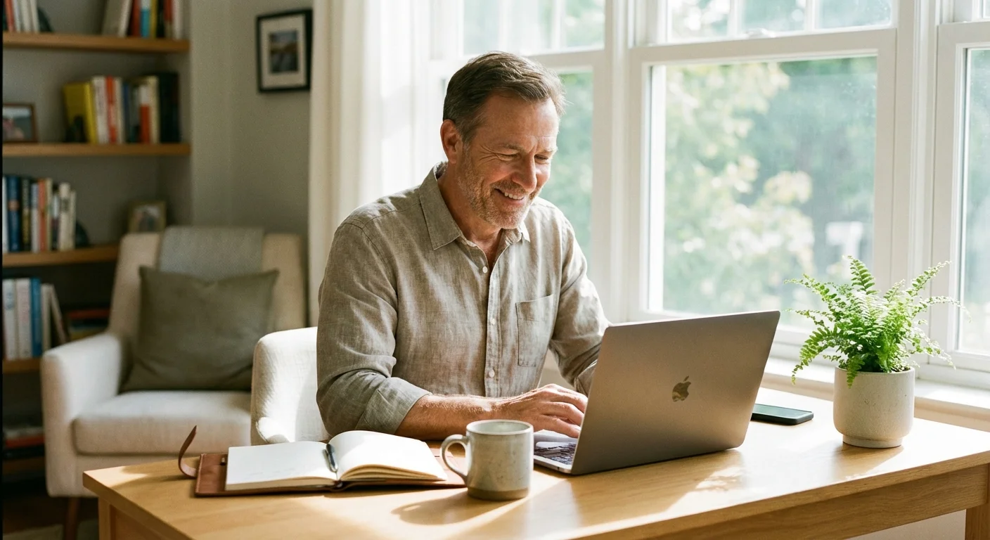 A man smiling at his laptop in a bright, modern home office.