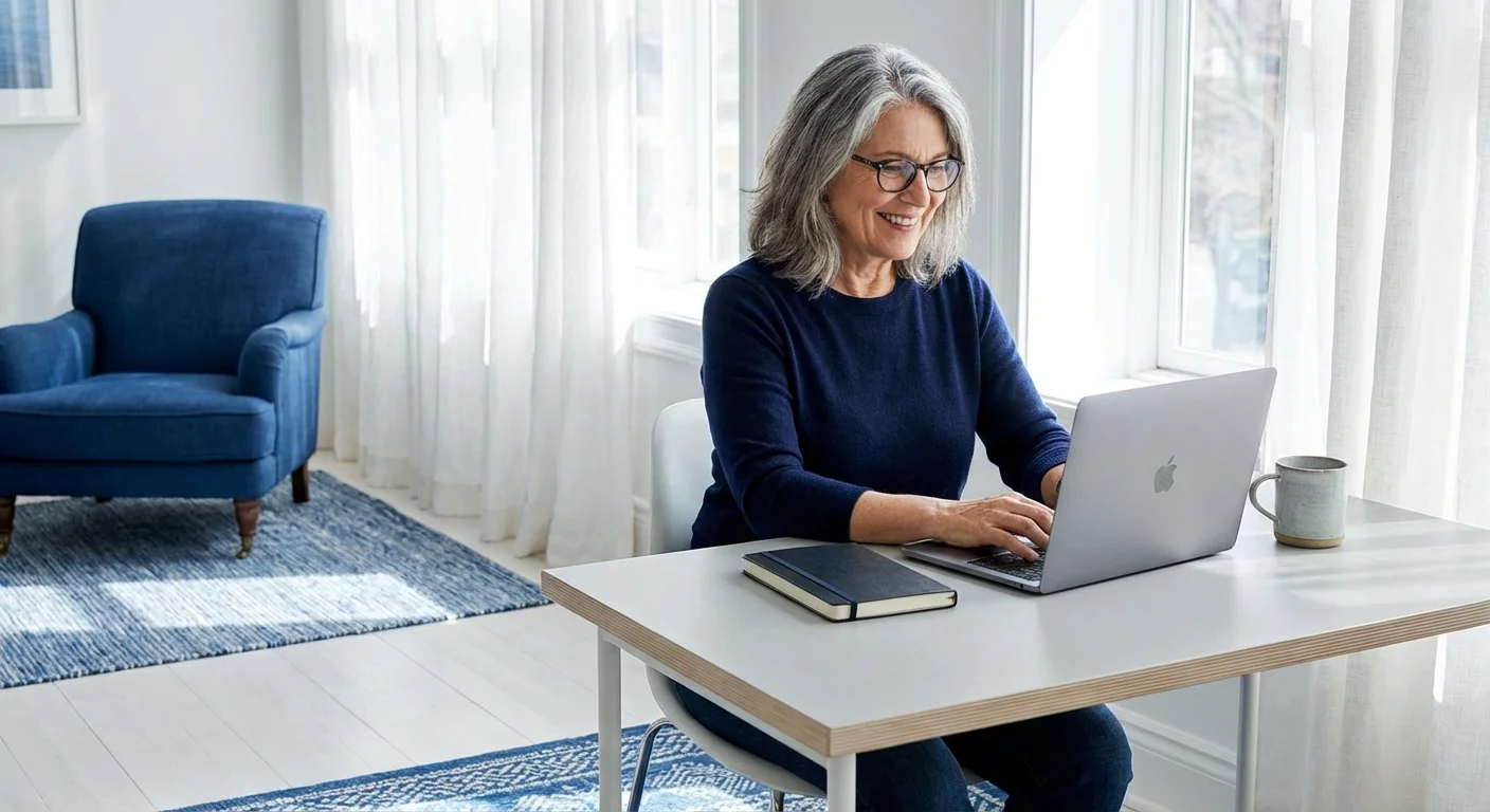 A person using a laptop at a desk, looking focused and ready to apply.