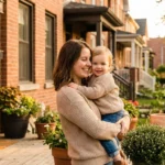 A smiling mother holds her toddler while standing on a front porch during golden hour.