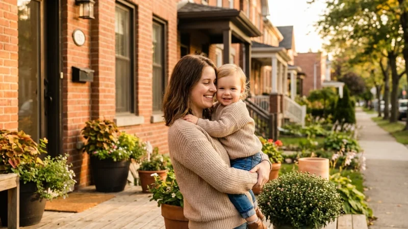 A smiling mother holds her toddler while standing on a front porch during golden hour.