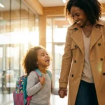 Smiling mother and young daughter with a backpack holding hands in a bright school hallway.