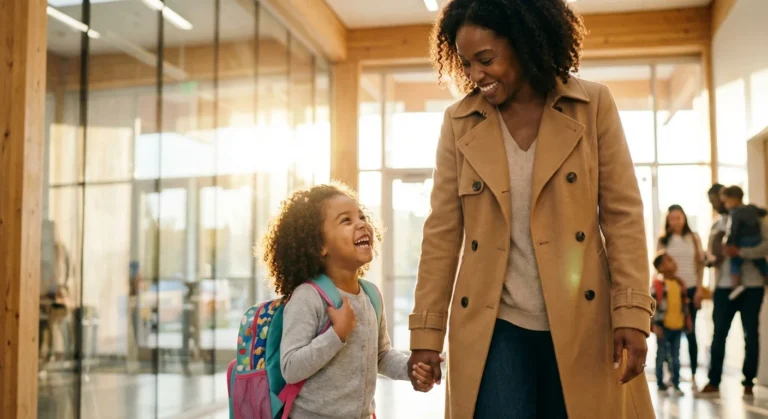 Smiling mother and young daughter with a backpack holding hands in a bright school hallway.