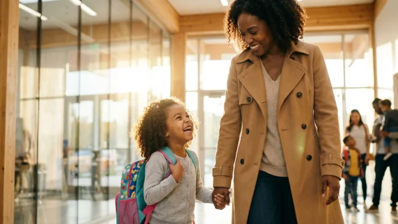 Smiling mother and young daughter with a backpack holding hands in a bright school hallway.