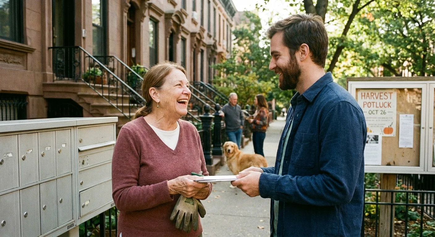 A landlord and tenant having a friendly conversation by the mailboxes.