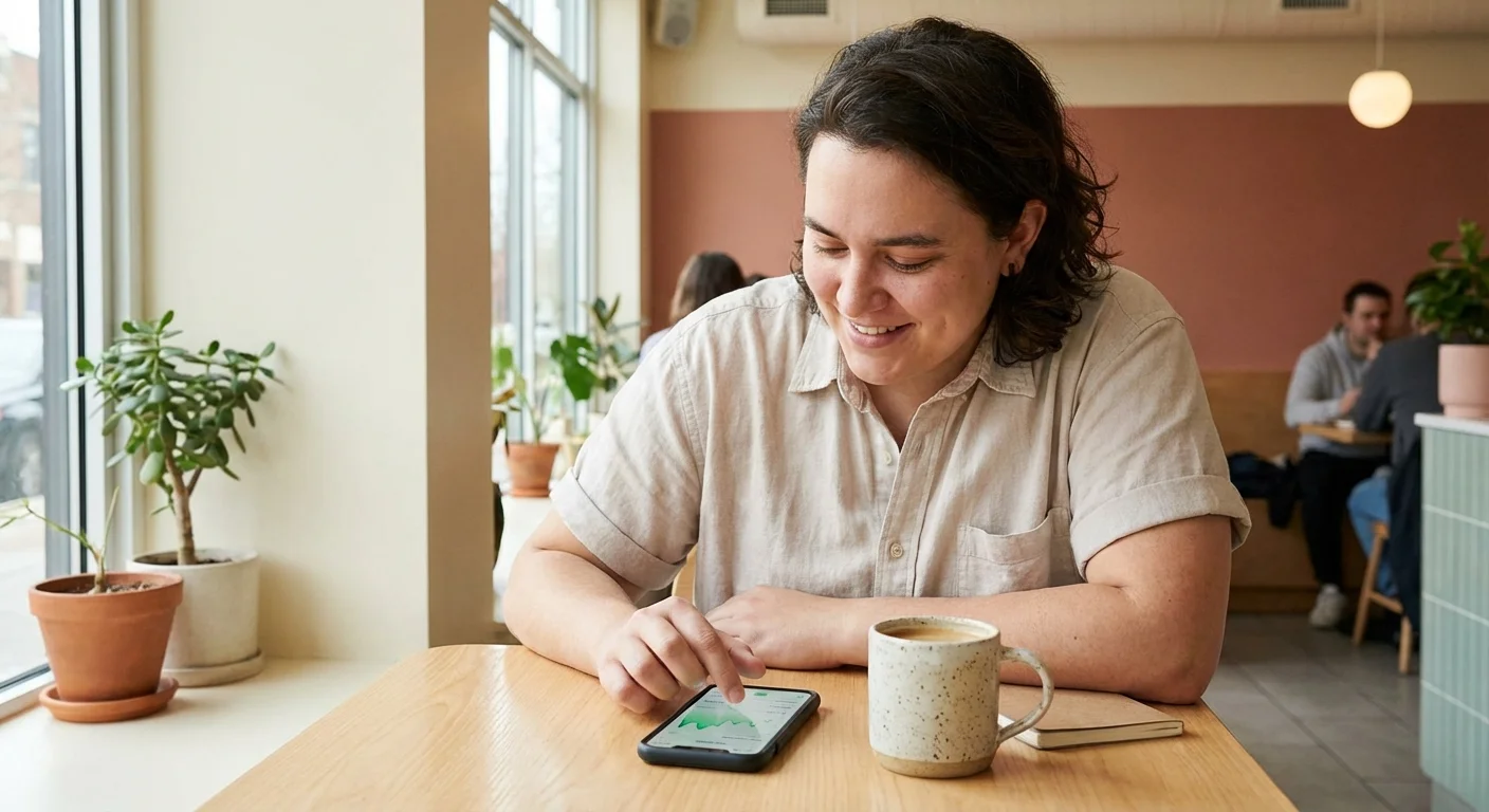 A close-up of a person using a mobile investment app in a bright, modern coffee shop.