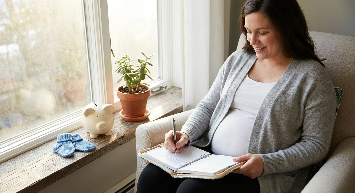 A pregnant woman writing in a planner by a bright window.