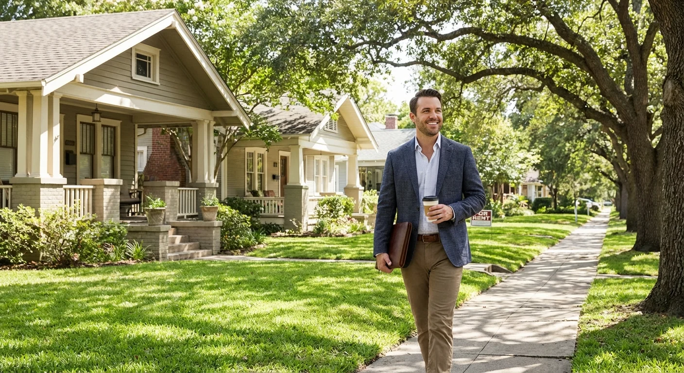 An investor walking through a peaceful, well-maintained neighborhood.