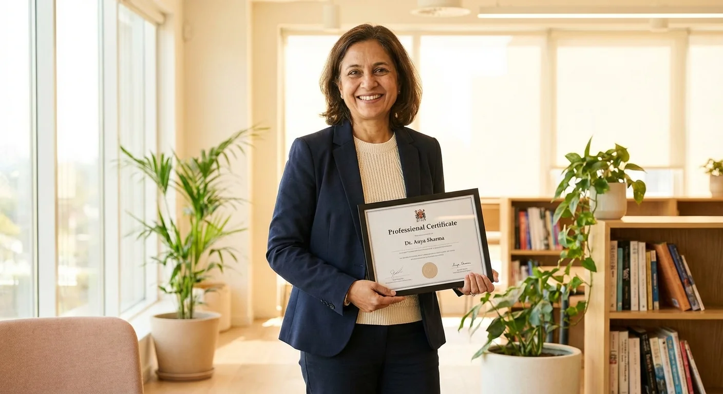 A professional individual in a bright office holding a diploma, representing career-based discounts.
