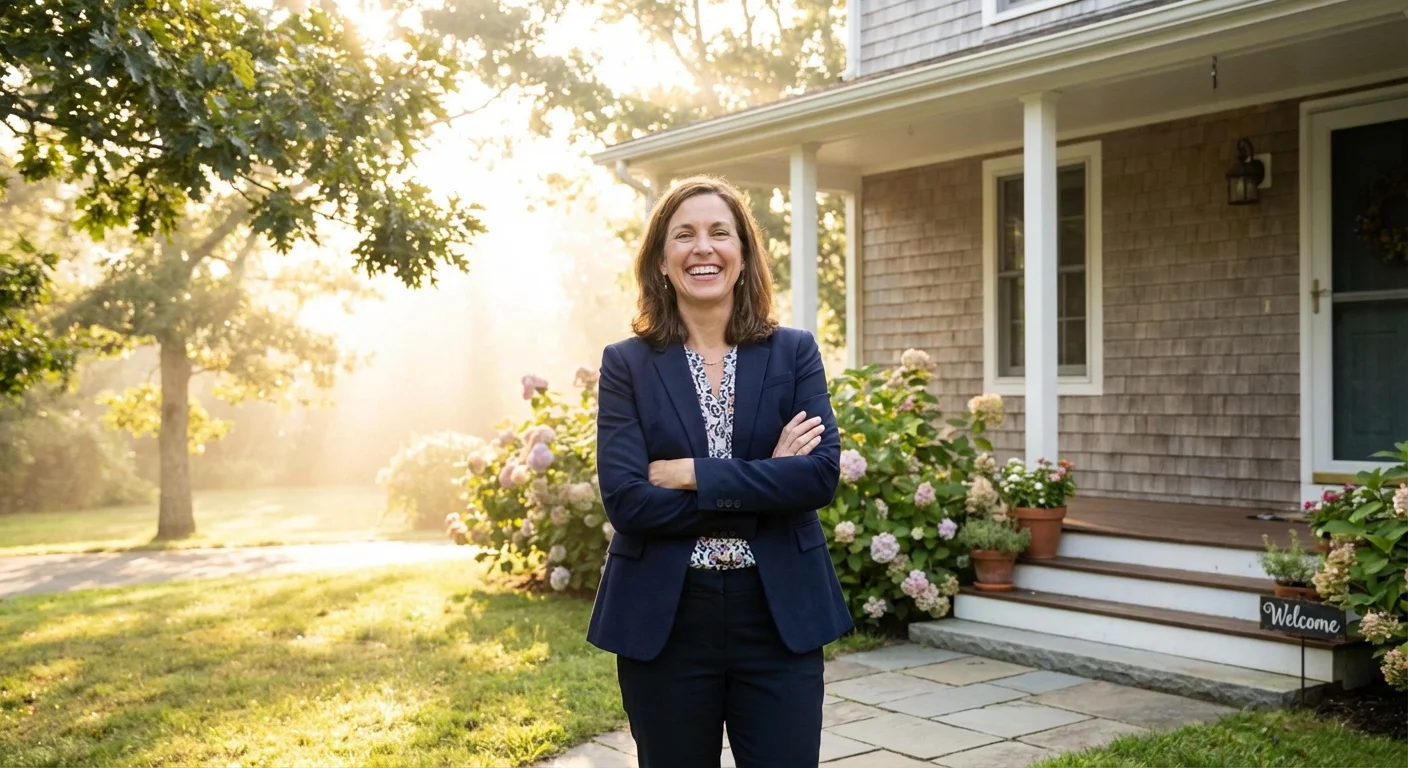 A teacher standing in front of a suburban house in the morning light.