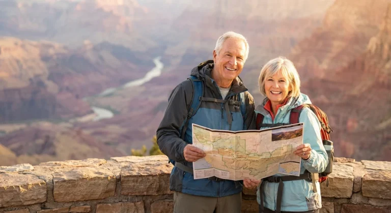 A smiling senior couple wearing hiking gear holds a map at the Grand Canyon.