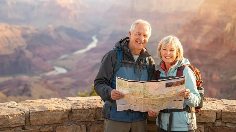 A smiling senior couple wearing hiking gear holds a map at the Grand Canyon.