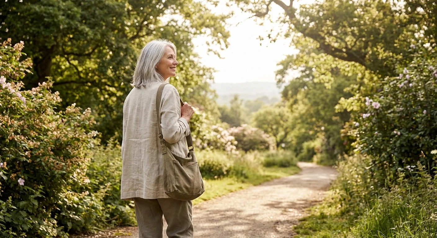 A woman walking independently through a beautiful, sun-dappled park.