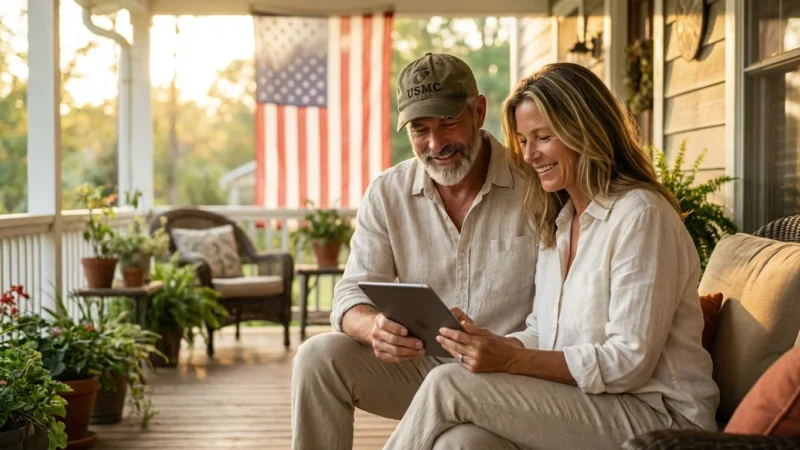 A smiling veteran and woman use a tablet on a porch with an American flag.