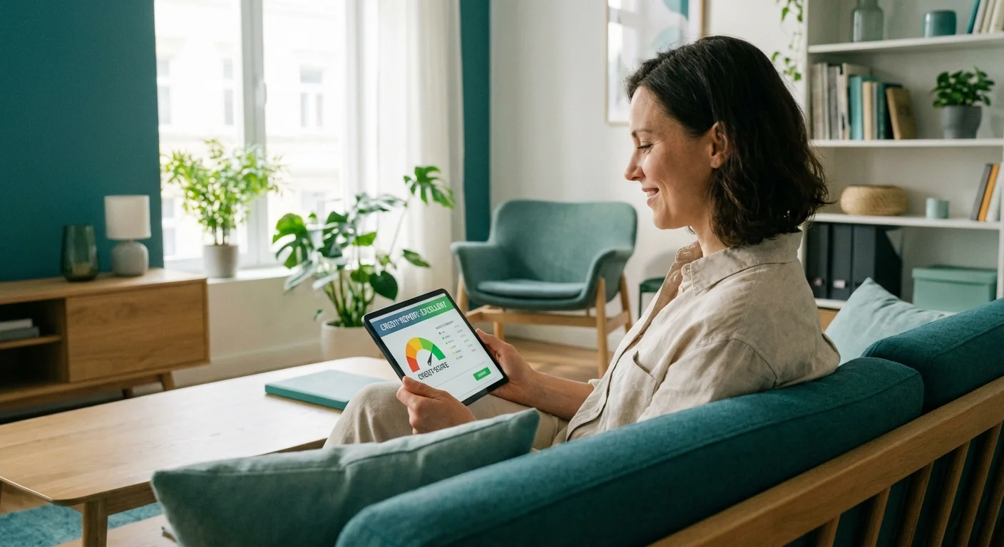 A person calmly reviewing their financial health on a tablet in a bright living room.