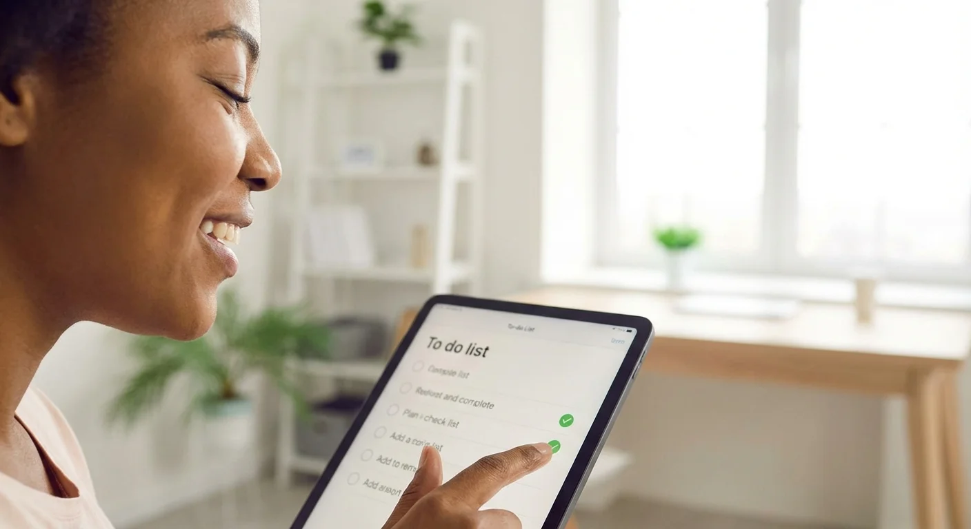 A person looking relieved while using a digital tablet.