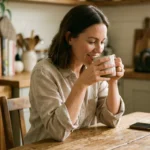 Smiling woman drinking coffee at a wooden table in a cozy rustic kitchen
