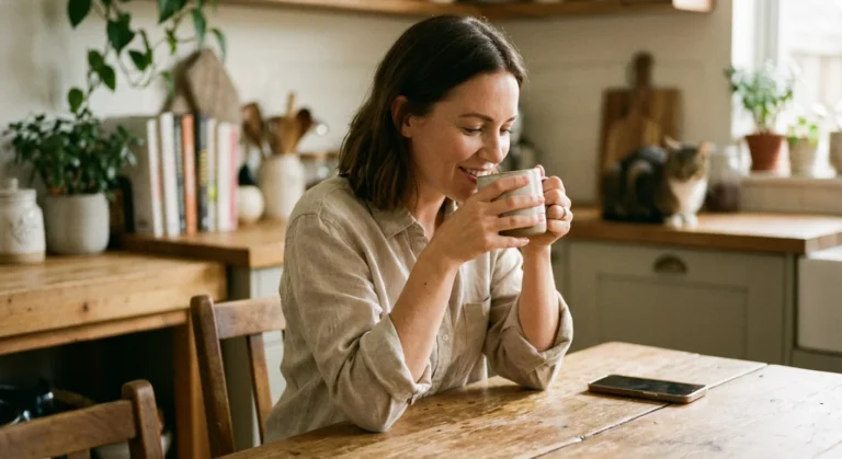 Smiling woman drinking coffee at a wooden table in a cozy rustic kitchen