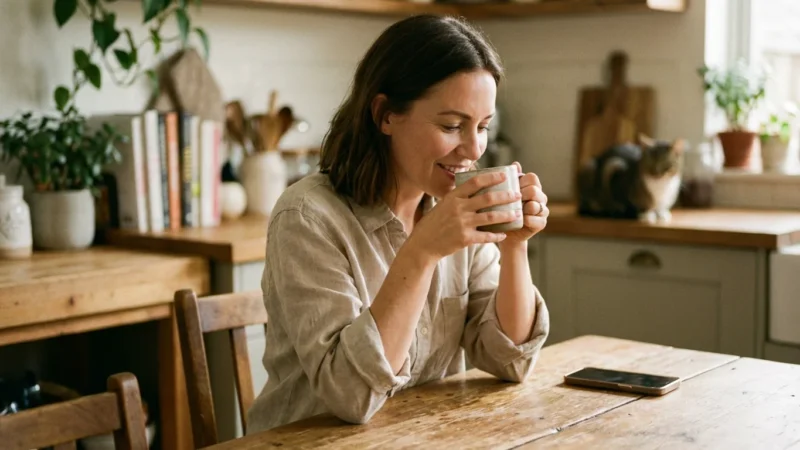 Smiling woman drinking coffee at a wooden table in a cozy rustic kitchen