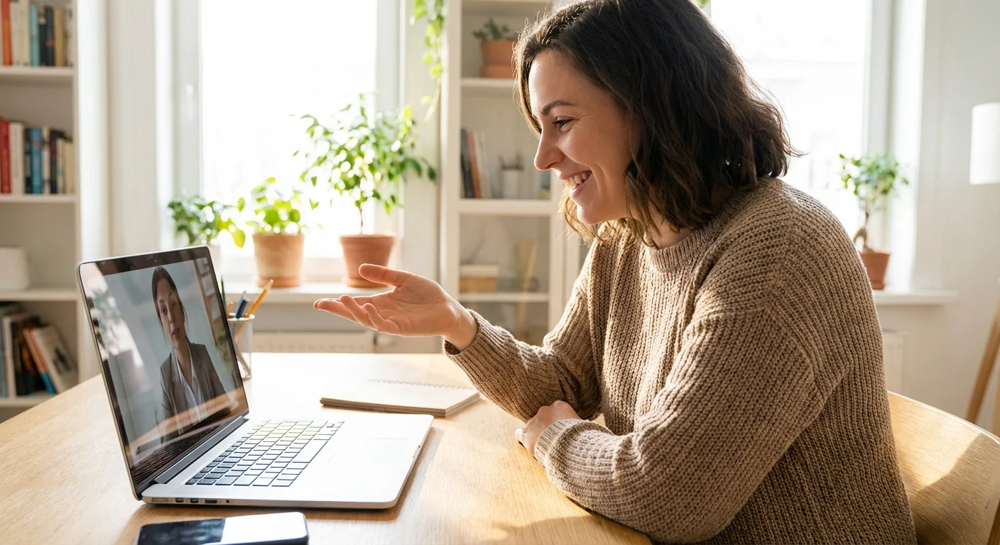 A person having a friendly video consultation, representing seeking professional advice.