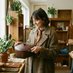 Smiling woman in a brown coat holding a ceramic pot in a boutique with plants
