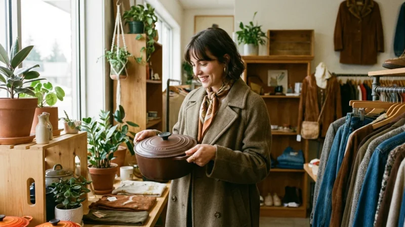 Smiling woman in a brown coat holding a ceramic pot in a boutique with plants