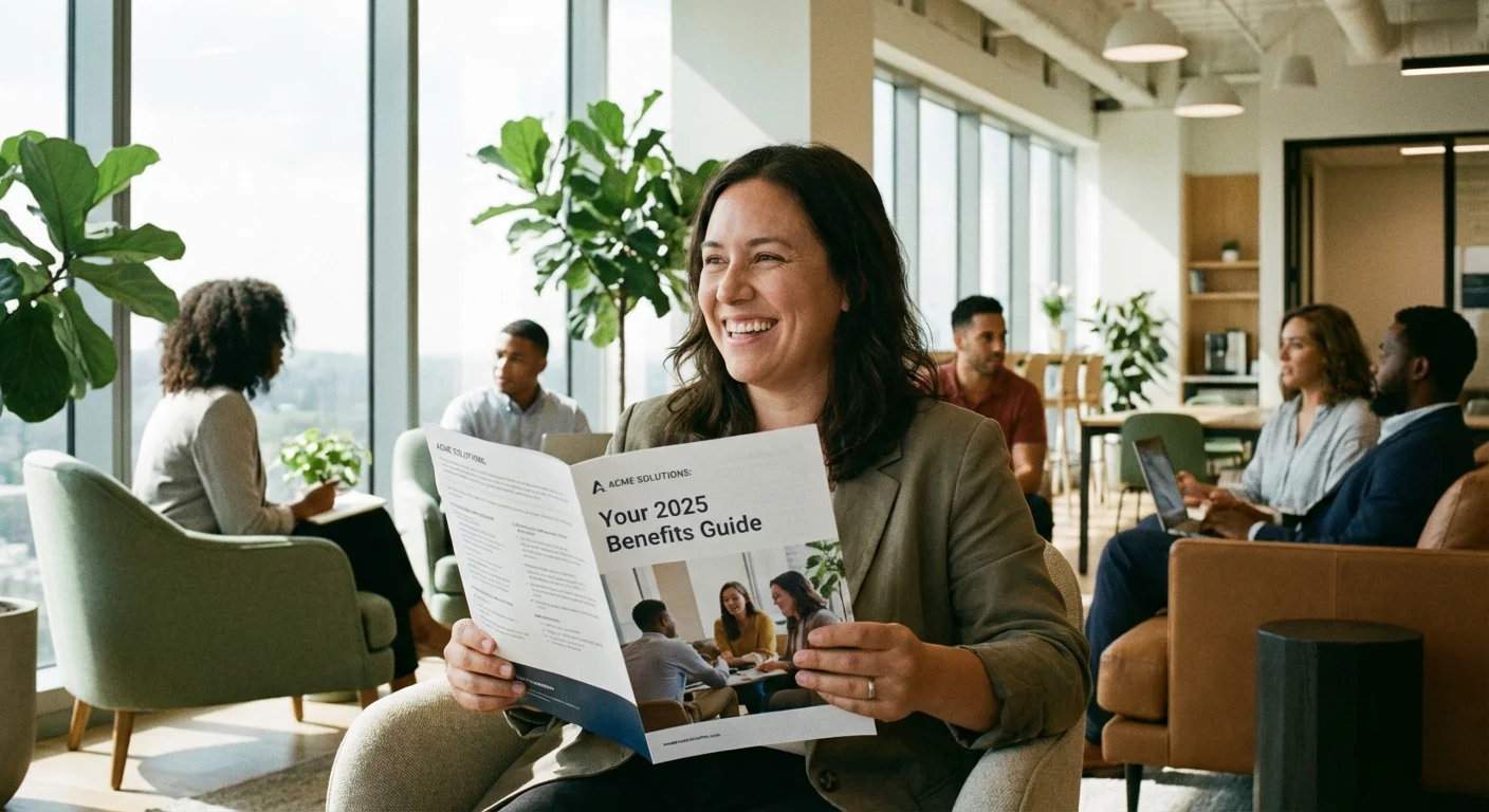 A person in a modern office looking at a benefits brochure.