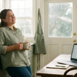 Smiling woman holding a mug in a green kitchen with a laptop showing project complete