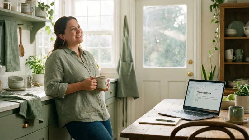Smiling woman holding a mug in a green kitchen with a laptop showing project complete