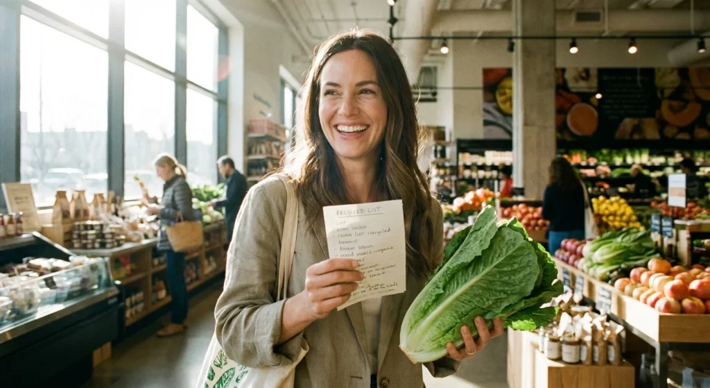 Smiling woman holding fresh romaine lettuce and a handwritten grocery list in a bright market