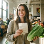 Smiling woman holding fresh romaine lettuce and a handwritten grocery list in a bright market