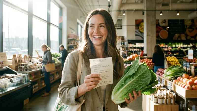 Smiling woman holding fresh romaine lettuce and a handwritten grocery list in a bright market