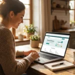 A smiling woman uses a laptop to manage personal finances in a sunlit kitchen.