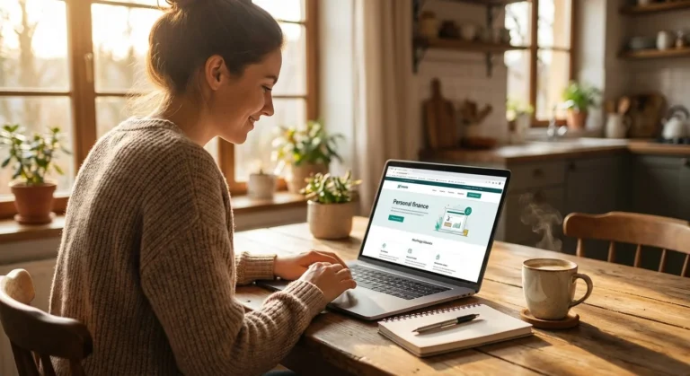 A smiling woman uses a laptop to manage personal finances in a sunlit kitchen.