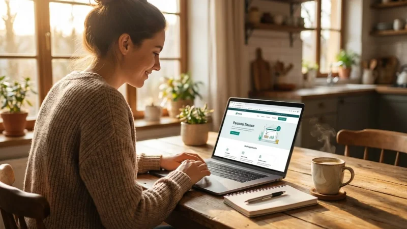 A smiling woman uses a laptop to manage personal finances in a sunlit kitchen.