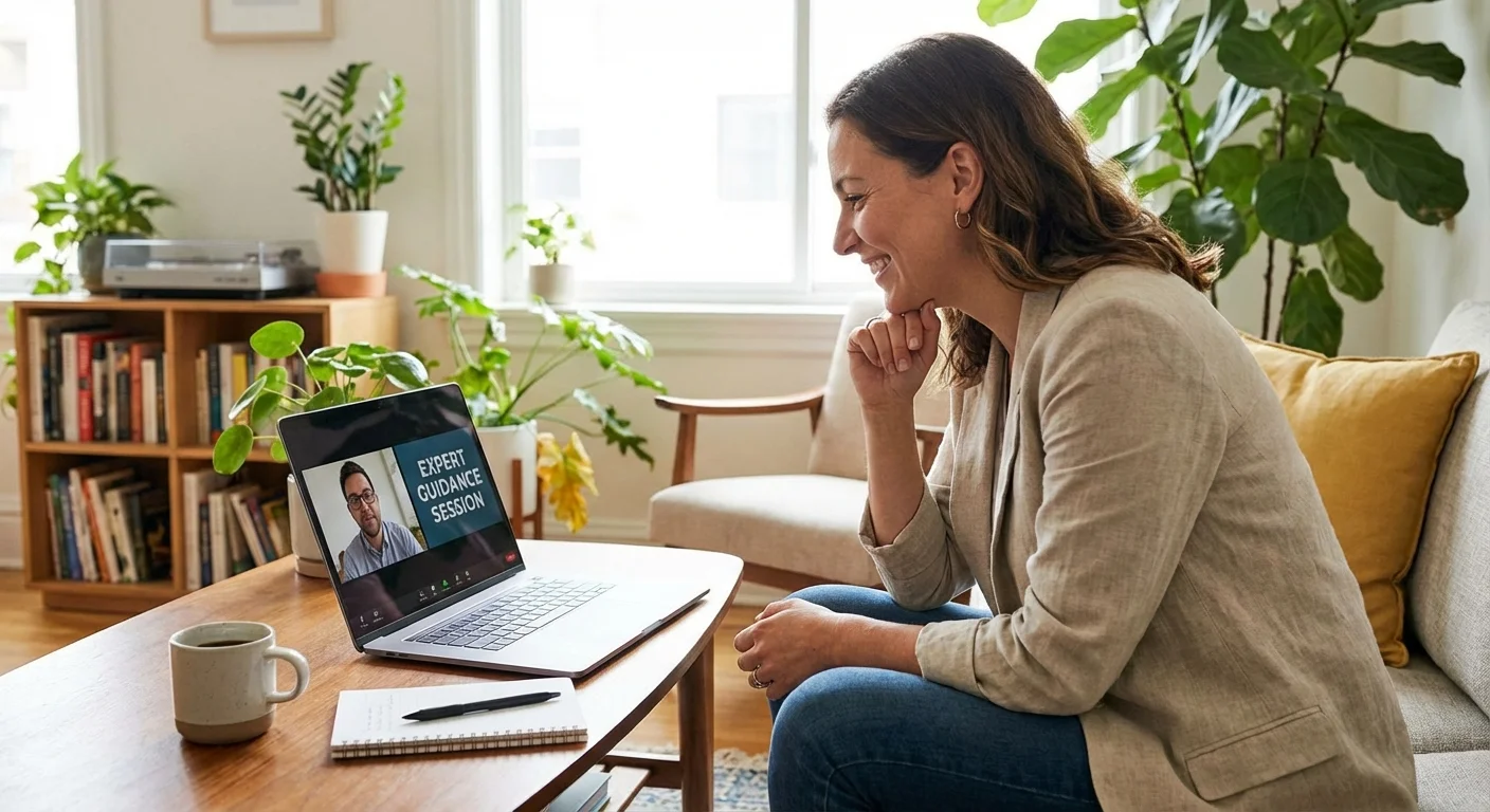 A person smiling during a video call on a laptop in a bright room.