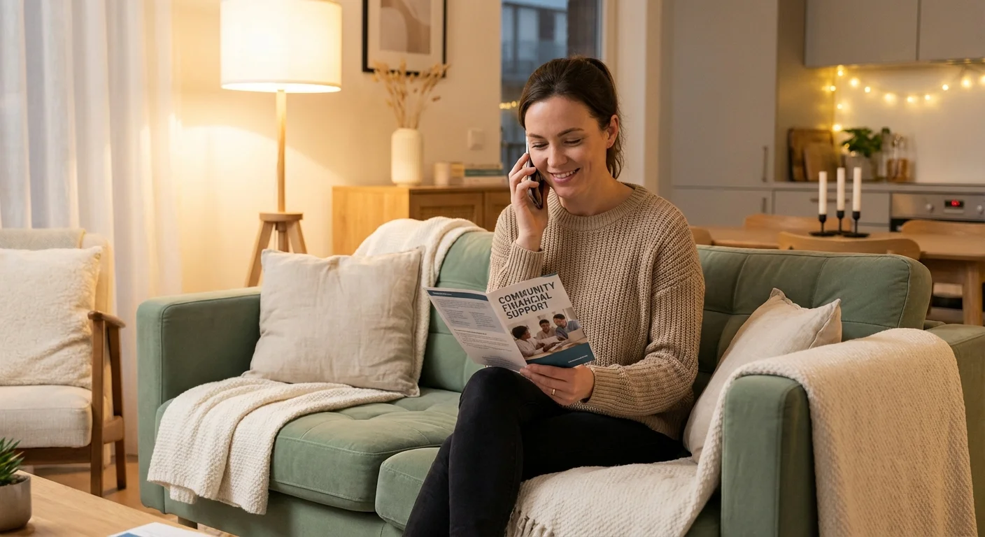 A person talking on the phone while holding a financial assistance brochure.