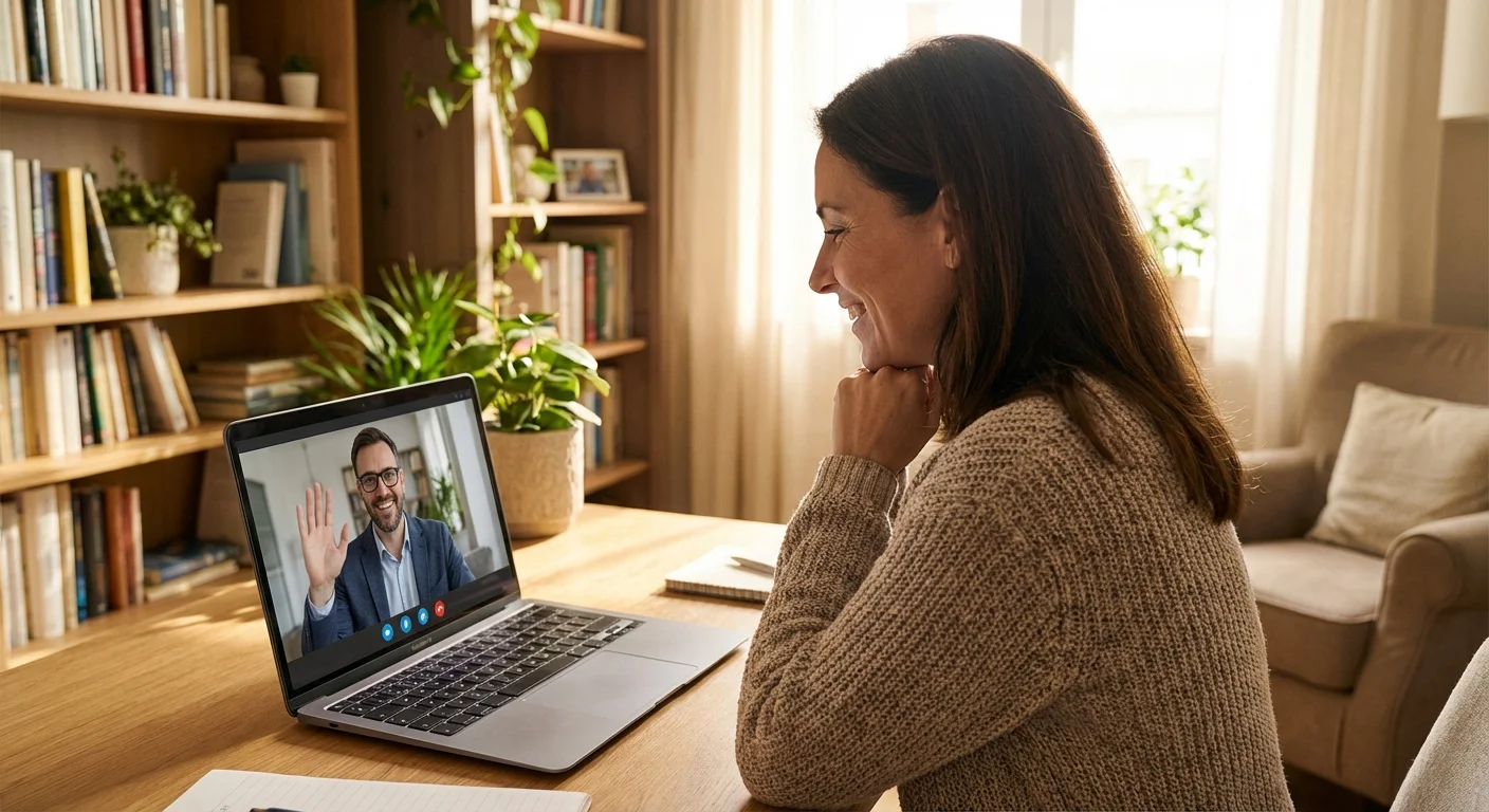 A person having a friendly and professional video consultation about their finances.