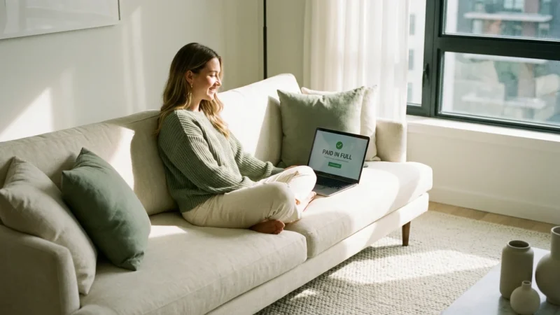 Smiling woman on a white sofa viewing a laptop screen showing paid in full.