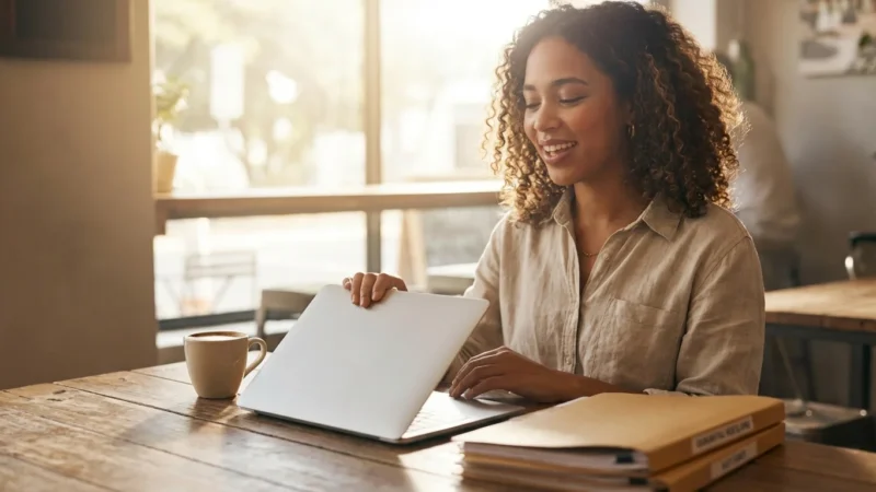 A smiling woman with curly hair opens her laptop at a sunny cafe table.