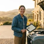 Smiling woman holding a wrench and air filter by an open car hood outdoors.